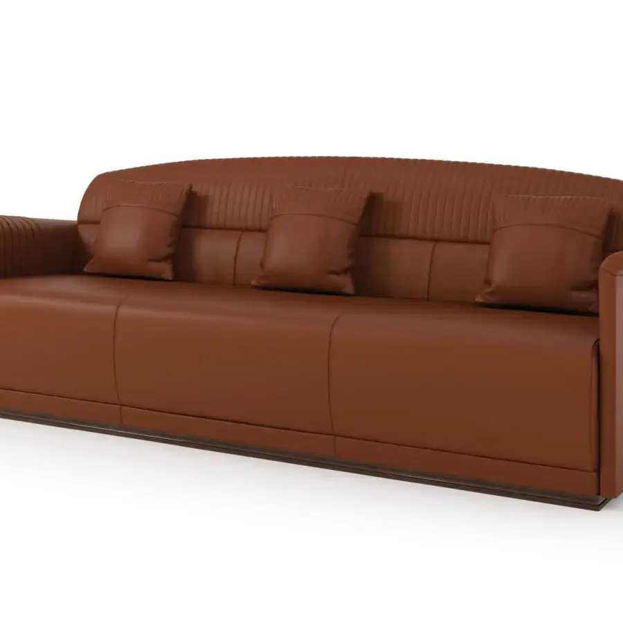 Distinctive Turri Madison sofa with brown leather upholstery, vertical stitching and a dark wooden base with gold detailing