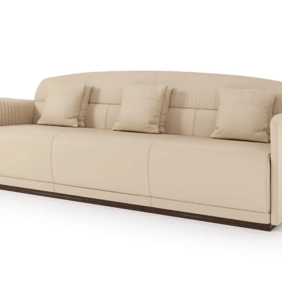 Captivating Turri Madison sofa with light beige textile and dark-toned wooden base, showcasing vertical stitched detailing