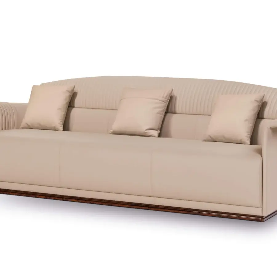 Distinguished Turri Madison sofa with light beige textile upholstery and dark wood base, exhibiting stylish vertical embroidery