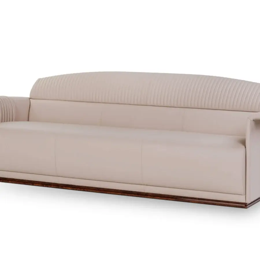 Distinctive Turri Madison sofa with light beige textile or leather upholstery and dark-toned wood base