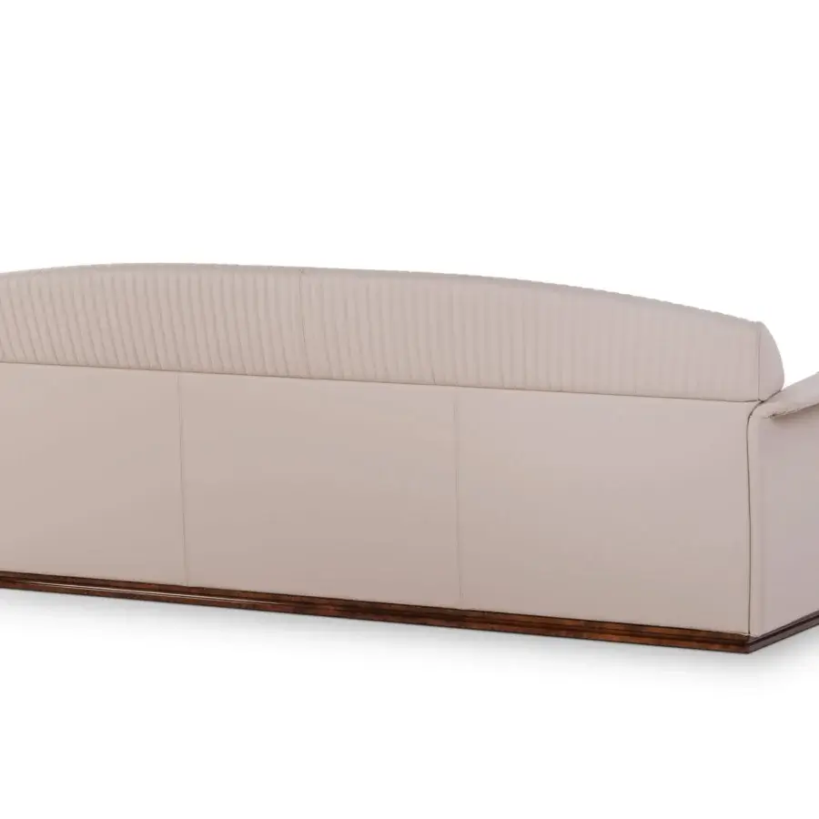 Distinctive Turri Madison sofa with light beige synthetic upholstery and dark brown wooden base crafted in Italy