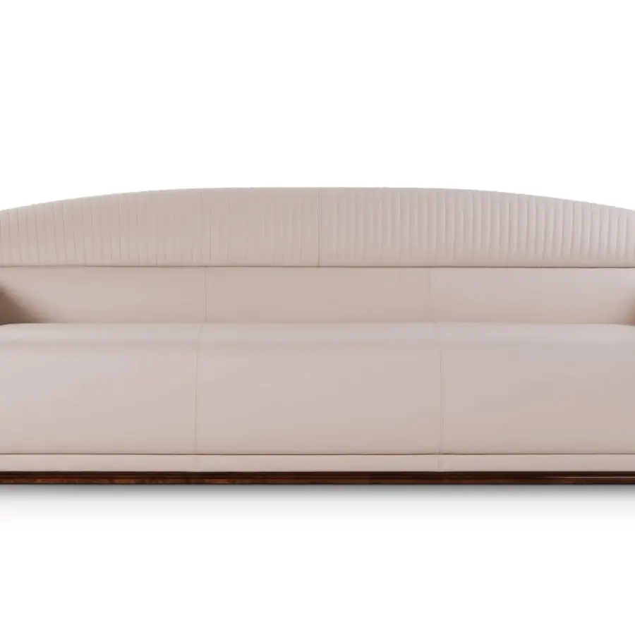 Distinguished Turri Madison sofa with light beige leather upholstery and dark stained wooden base