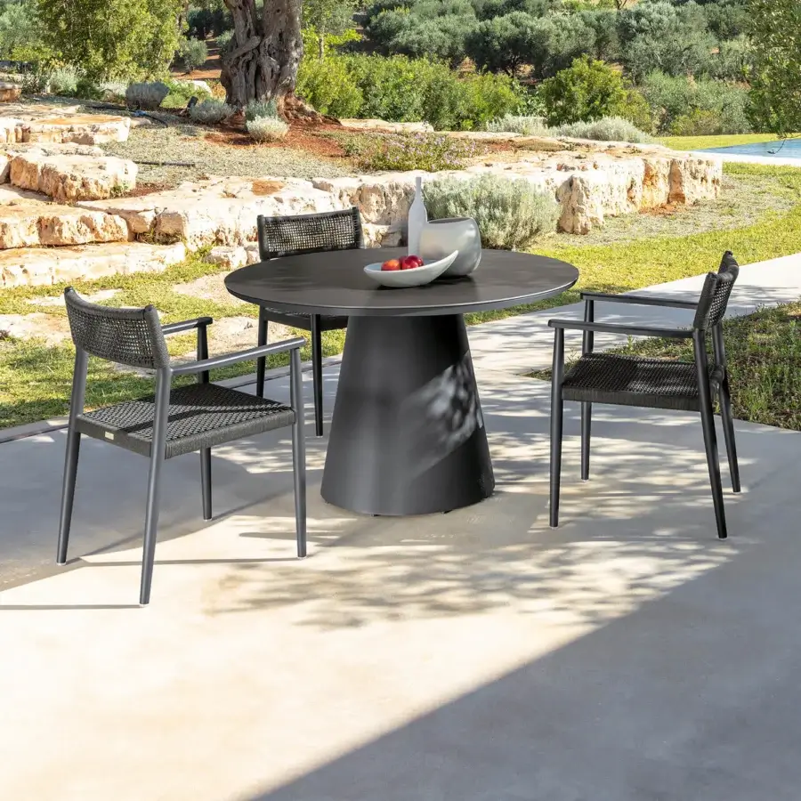 Distinguished Talenti Dolcevita Alu armchair with dark gray metal frame and woven textile seat