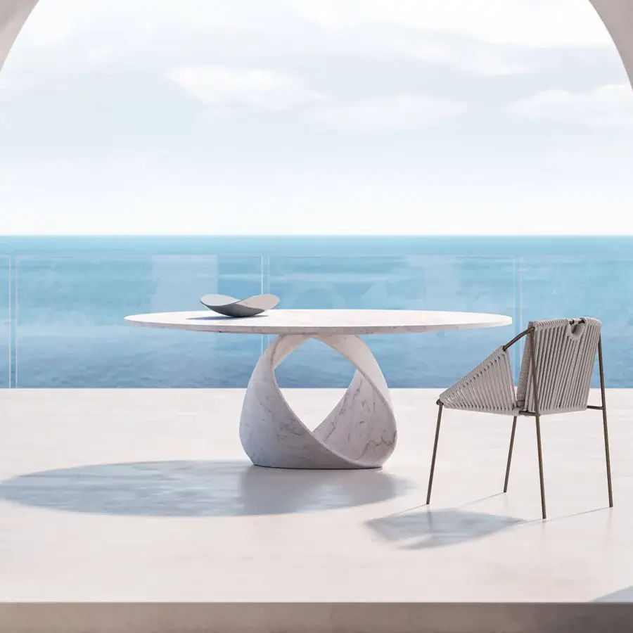 Exceptional Rugiano Otello table crafted in Grigio Italia Marble with a twisted base and smooth light gray surface