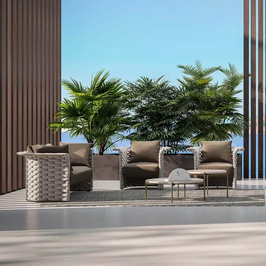 Distinguished Rugiano Marina armchair with woven light beige soft rope and dark brown plush fabric cushion built with Outdoor Bronze finish