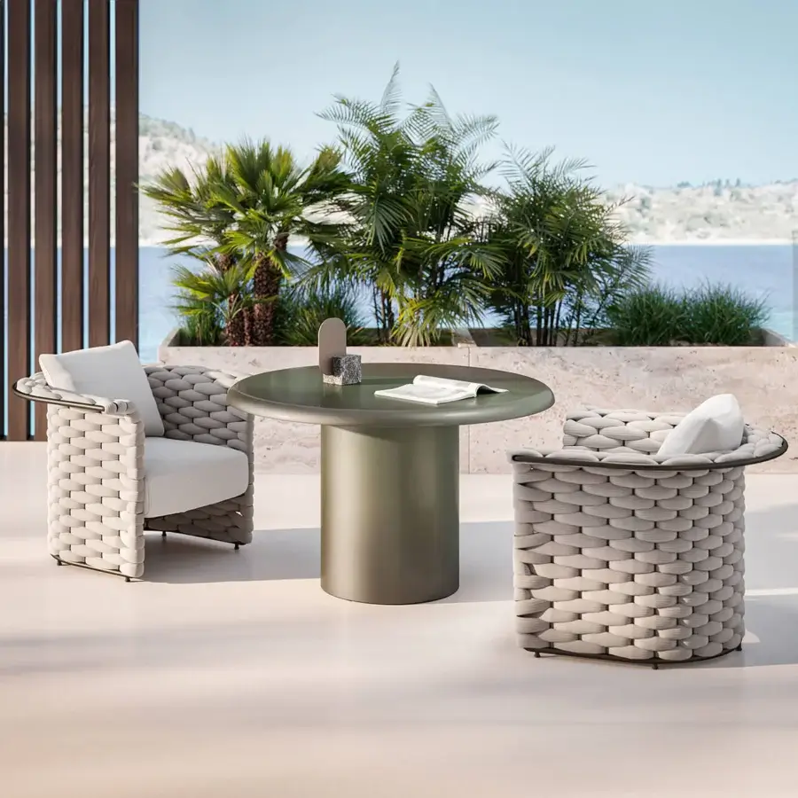 Distinguished Rugiano Marina armchair with light beige woven rope and a light gray plush cushion in Outdoor Bronze metal