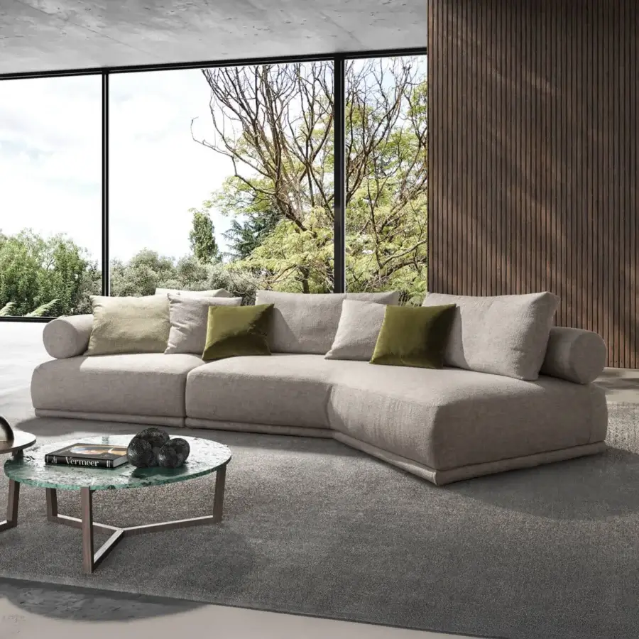 Superior Pacini & Cappellini Hills sectional with light beige woven upholstery and a wooden structure