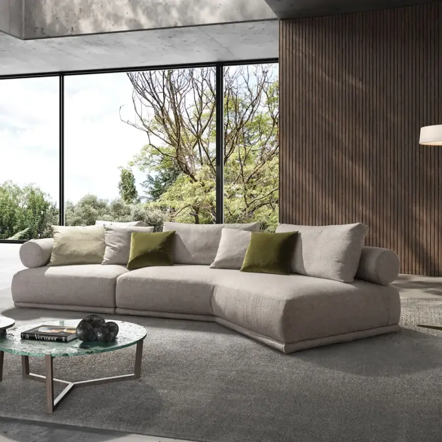 Elegant Pacini & Cappellini Hills sectional with light gray woven fabric upholstery and a wooden structure