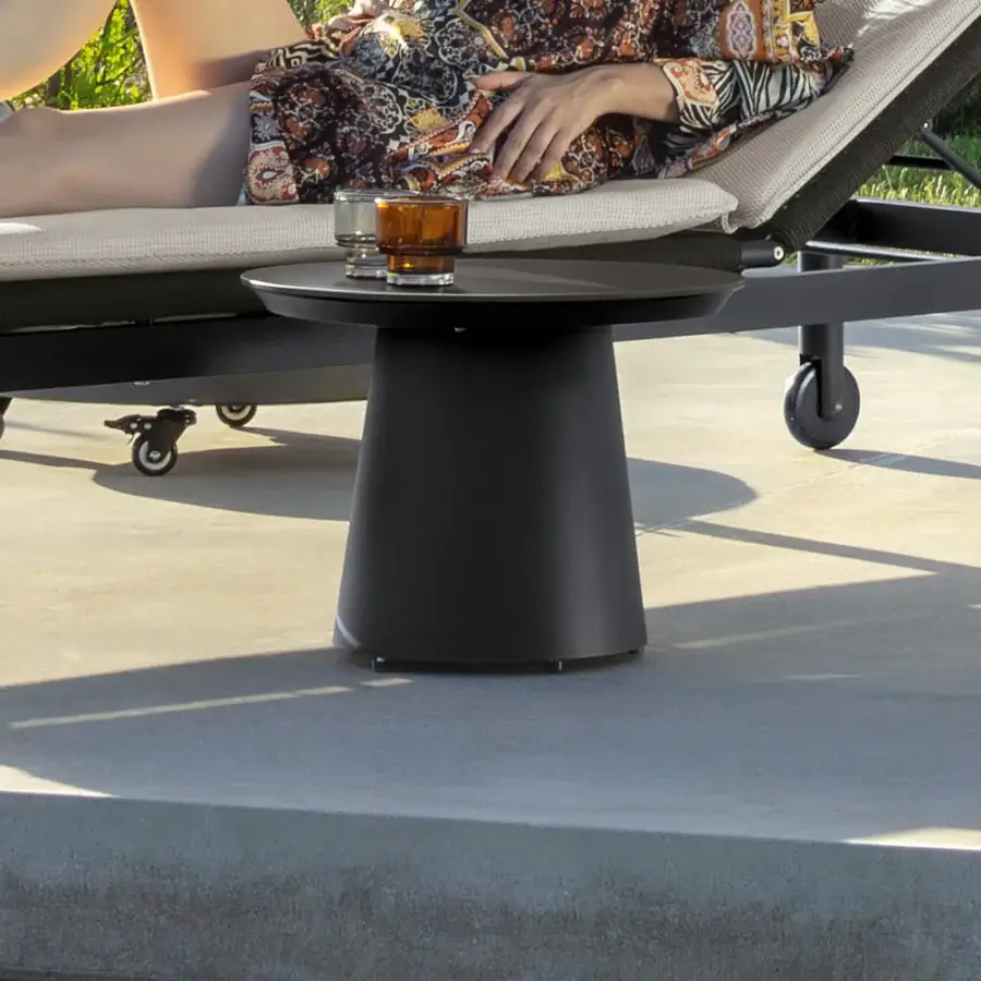 Elegant Talenti Dolcevita Alu coffee table with conical aluminum base and round stoneware top in dark finish