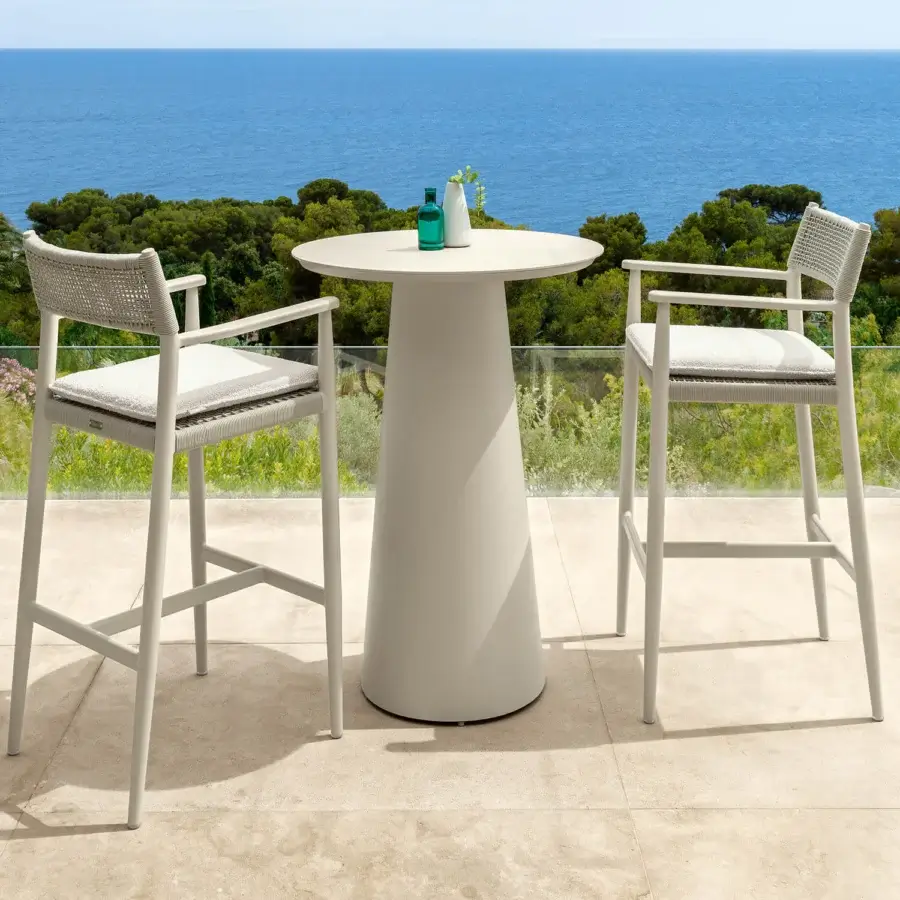 Distinguished Talenti Dolcevita Alu bar table with conical base and compact round top in light-tone finish