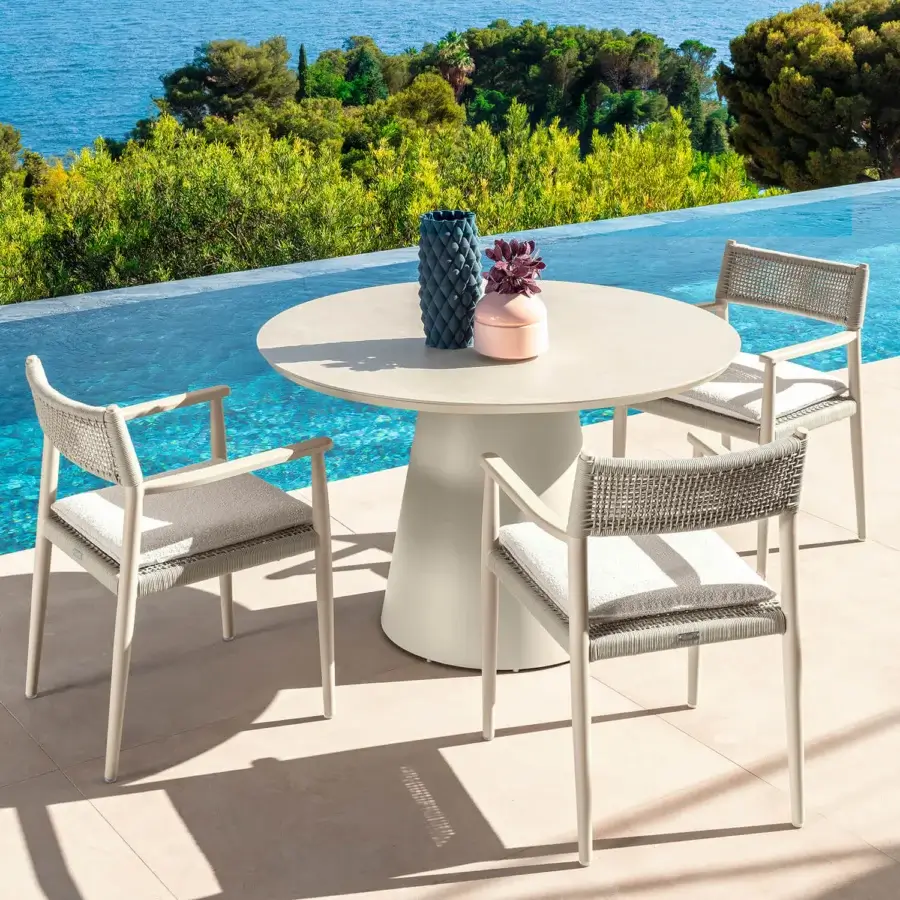 Distinguished Talenti Dolcevita Alu table with conical base and large round stoneware top in off-white with matte finish