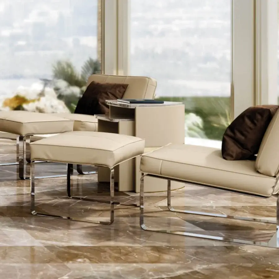 Sophisticated Turri Madison side table with light-beige covering and glossy lacquered wood top with light gold detail