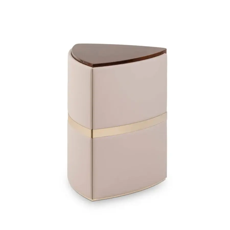 Exceptional Turri Madison side table with light beige leather covering and dark brown glossy lacquered wood top crafted in Italy