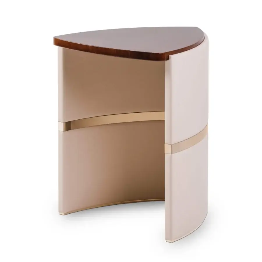 Elegant Turri Madison side table with a glossy brown lacquered wood top and matte beige base with light gold detail