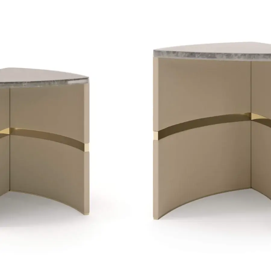 Lavish Turri Madison side table crafted in Italy with beige leather and light gold metal detailing plus a glossy lacquered wood top