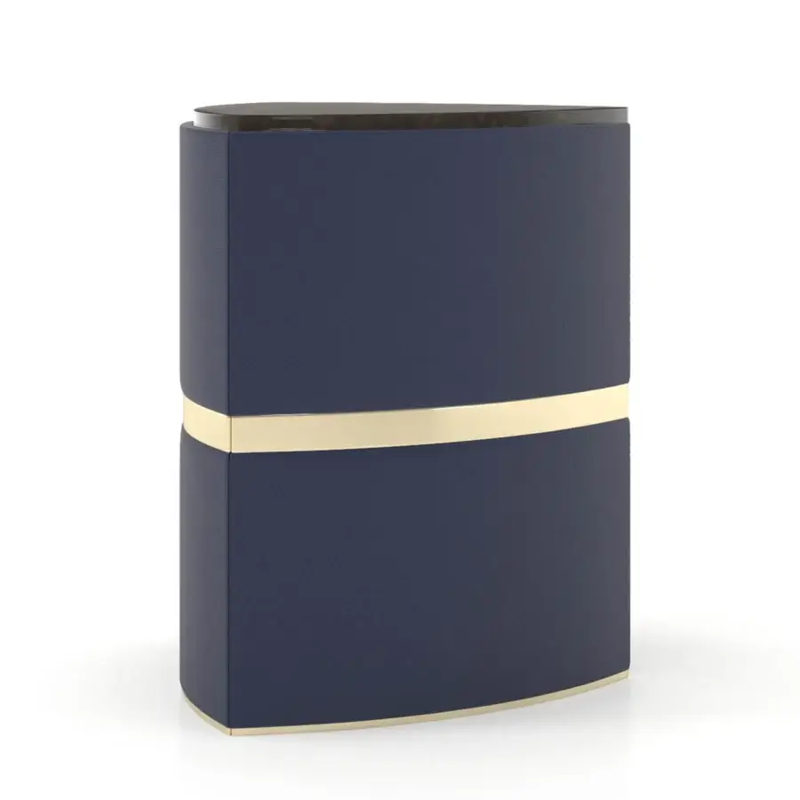 Superior Turri Madison side table with navy blue leather and glossy lacquered wood, accented with light gold metal details