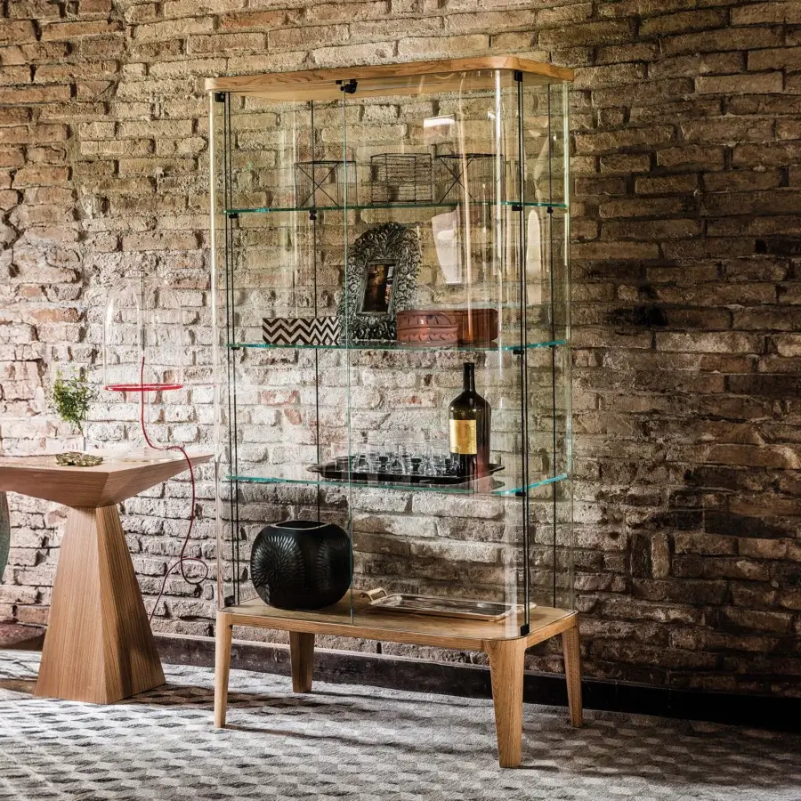 Distinguished Cattelan Italia Chantal showcase with transparent extra-clear glass doors, sides and shelves, built with smooth light-toned wood