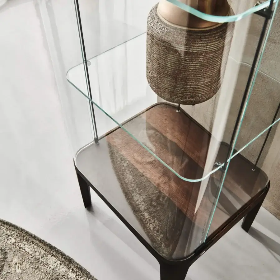 Superior Cattelan Italia Chantal showcase in transparent extra-clear glass with a dark-toned frame and internal illumination