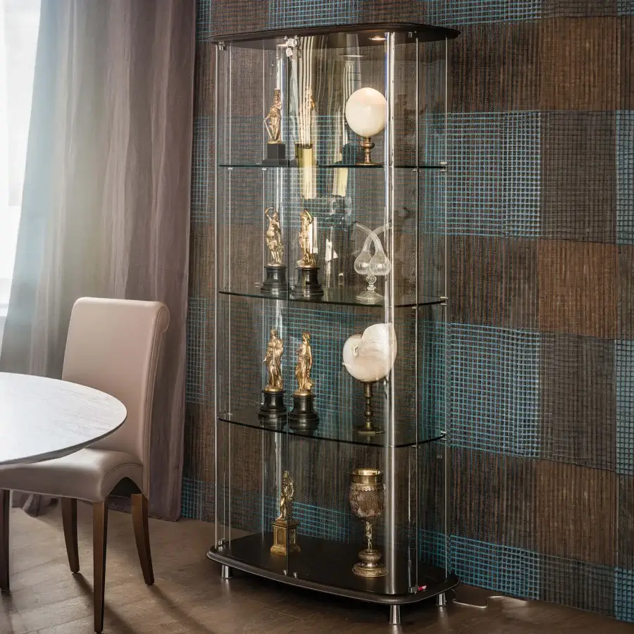 Superior Cattelan Italia Concerto showcase with transparent glass shelves and glossy black metal frame built with leather upholstery