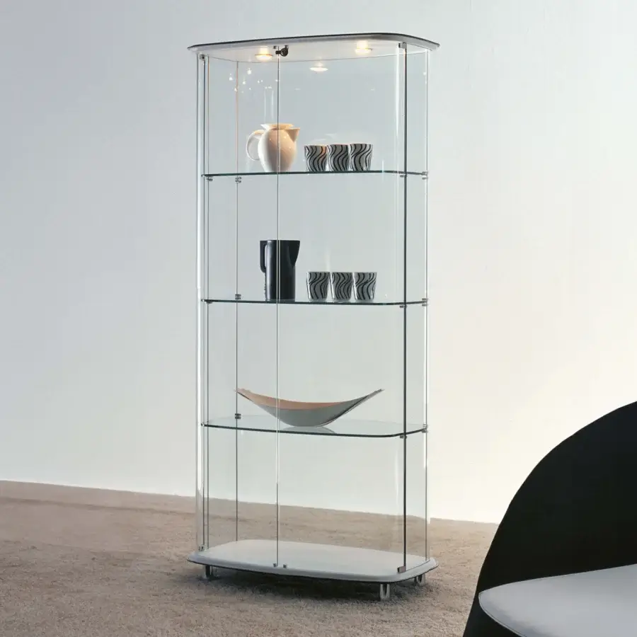 Superior Cattelan Italia Concerto showcase with transparent extra-clear glass and light grey leather framing