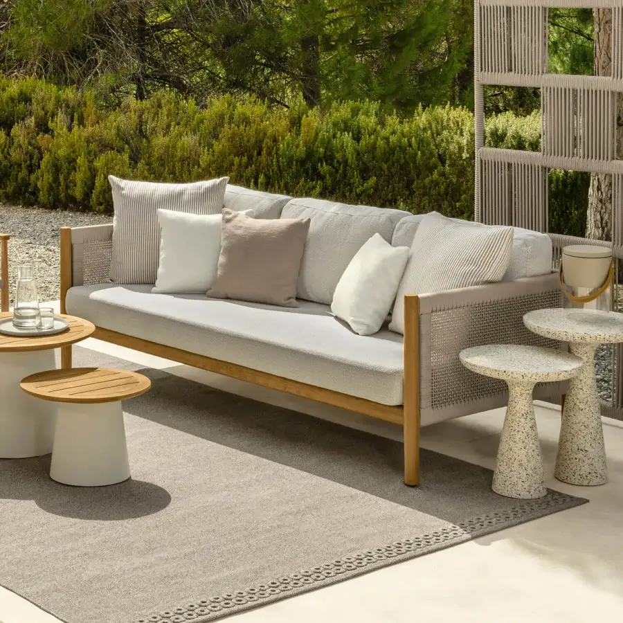 Superior Talenti Dolcevita Wood sofa with light gray textile seating and striped beige cushions in matte teak wood