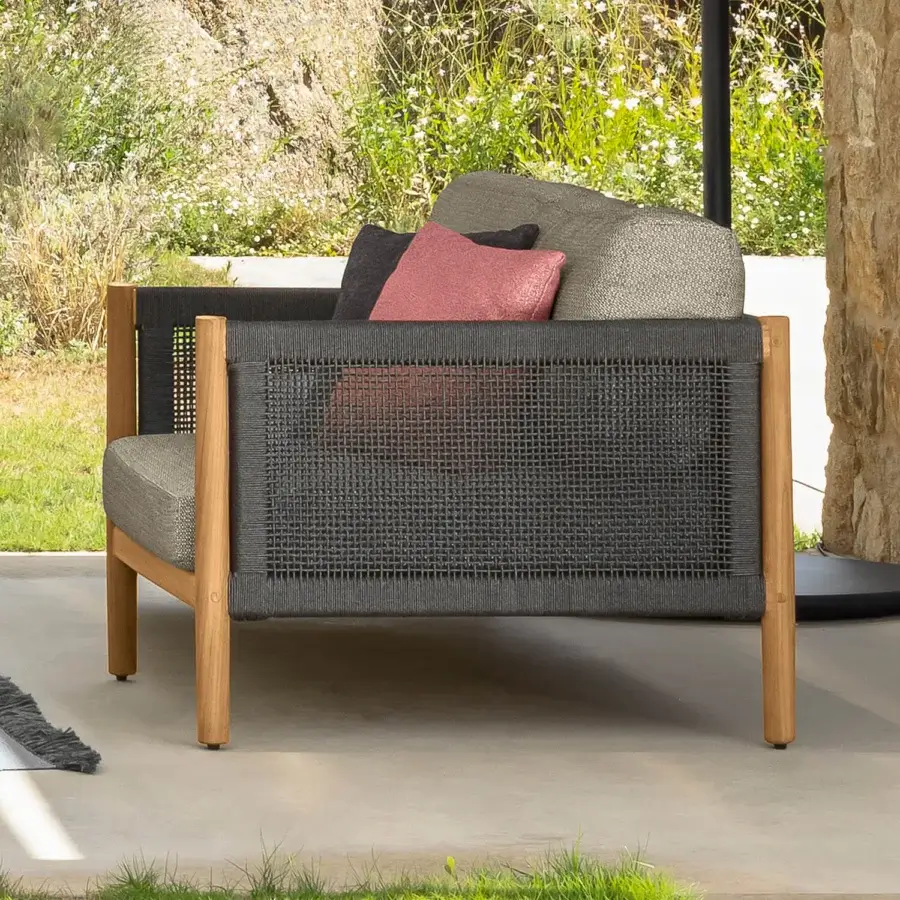 Distinguished Talenti Dolcevita Wood lounge chair with dark gray woven seat and light brown wooden frame