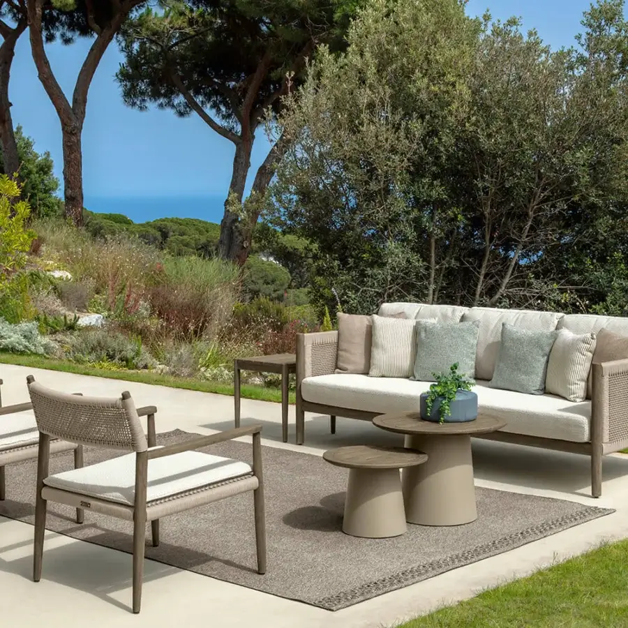 Distinguished Talenti Dolcevita Wood lounge chair with light brown wood frame and woven textile backrest in matte finish