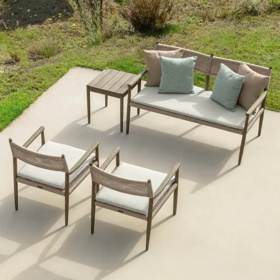 Exceptional Talenti Dolcevita Wood lounge chair with light brown wooden frame and woven synthetic detailing in matte finish