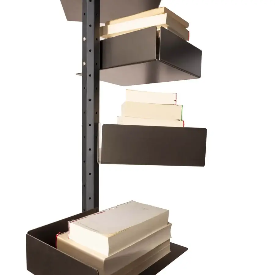 Distinguished Pacini & Cappellini bookcase with titanium metal shelves and solid ash structure in matte dark gray finish