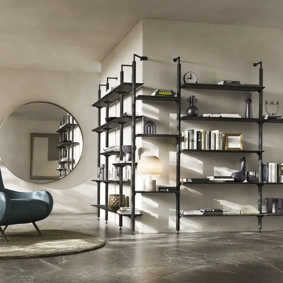 Elegant Pacini & Cappellini Octagon bookcase with titanium painted metal and evenly spaced shelves embodies a minimalist form