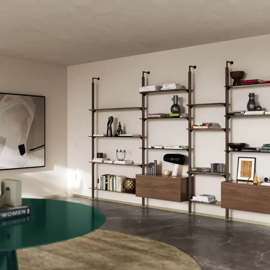 Superior Pacini & Cappellini Octagon bookcase with dark brown solid ash uprights and clear glass shelves