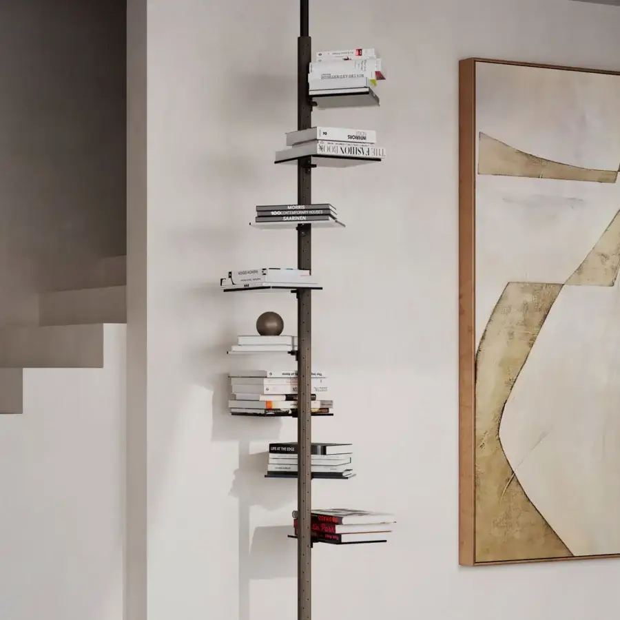 Elegant Pacini & Cappellini Octagon bookcase with Canaletto walnut and titanium painted metal, showcasing a spiraling shelf design