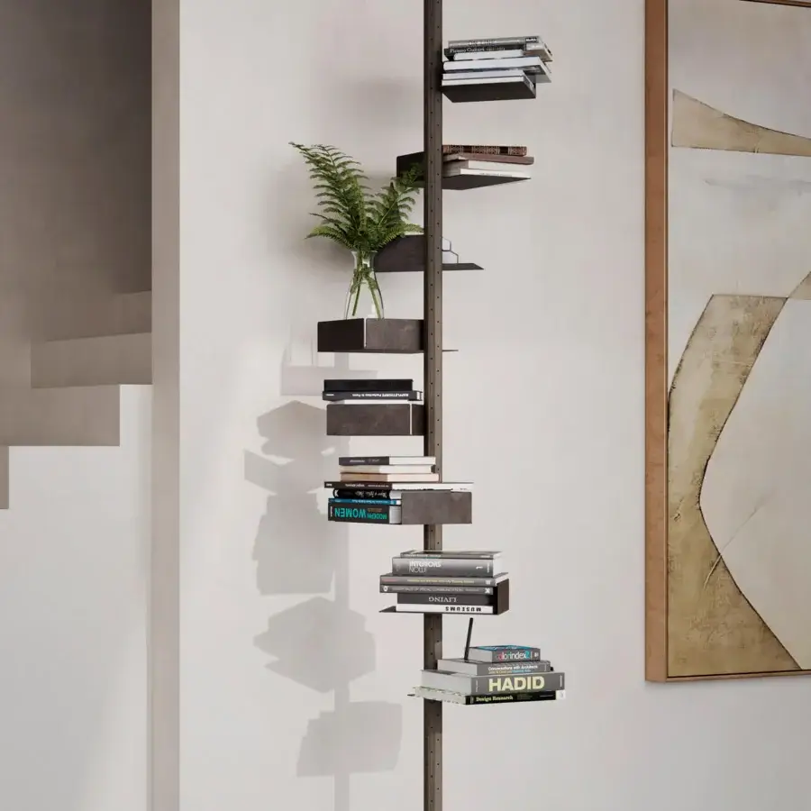 Distinguished Pacini & Cappellini Octagon bookcase with Canaletto walnut structure and shelves in dark matte finish