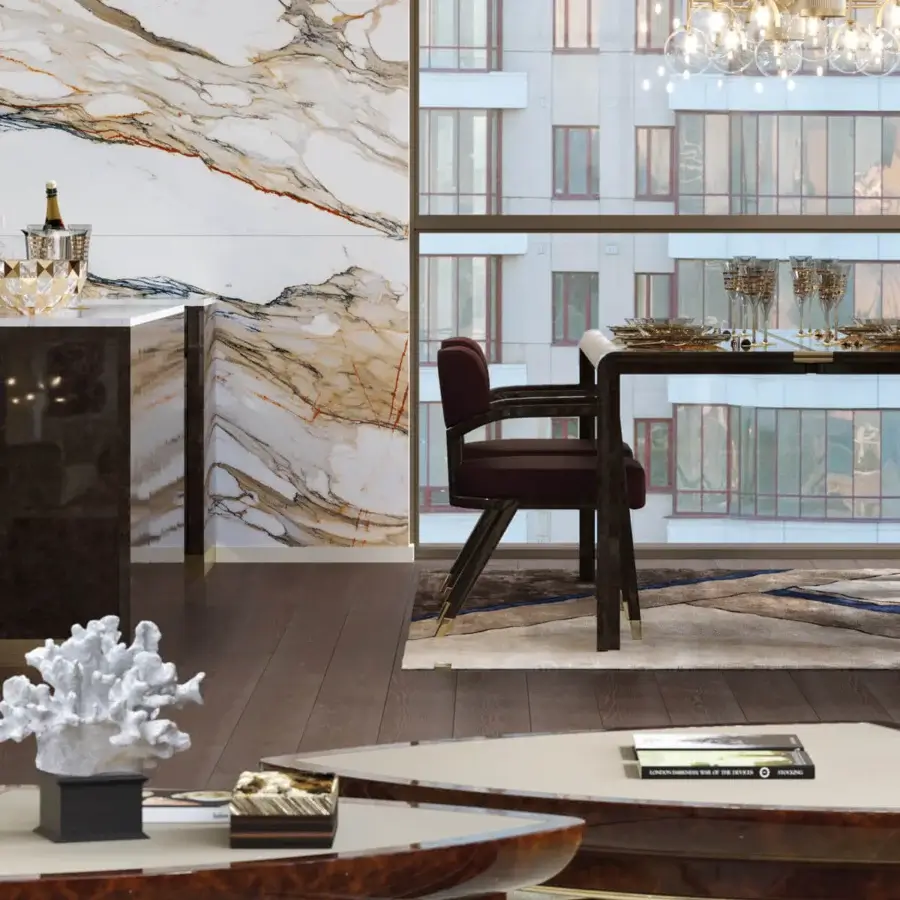 Distinguished Turri Madison coffee table with swirling browns and tans wood veneer plus refined leather application and glossy finish