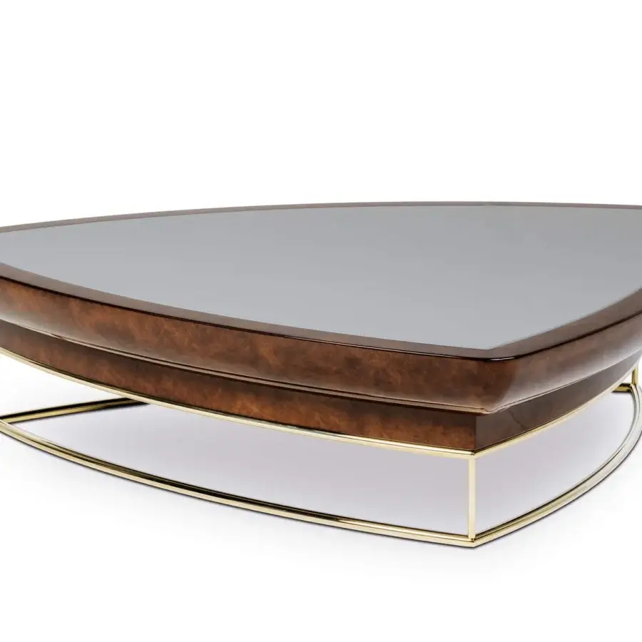 Superior Turri Madison coffee table with glossy dark brown lacquered top and refined leather application in golden metal