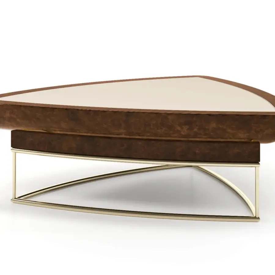 Superior Turri Madison coffee table with glossy dark brown wood and cream leather application in a golden metal structure