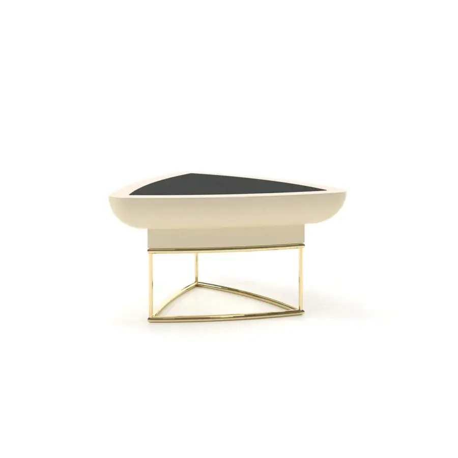 Distinguished Turri Madison coffee table with light cream lacquered top and dark gray leather application in a glossy gold-toned metal base