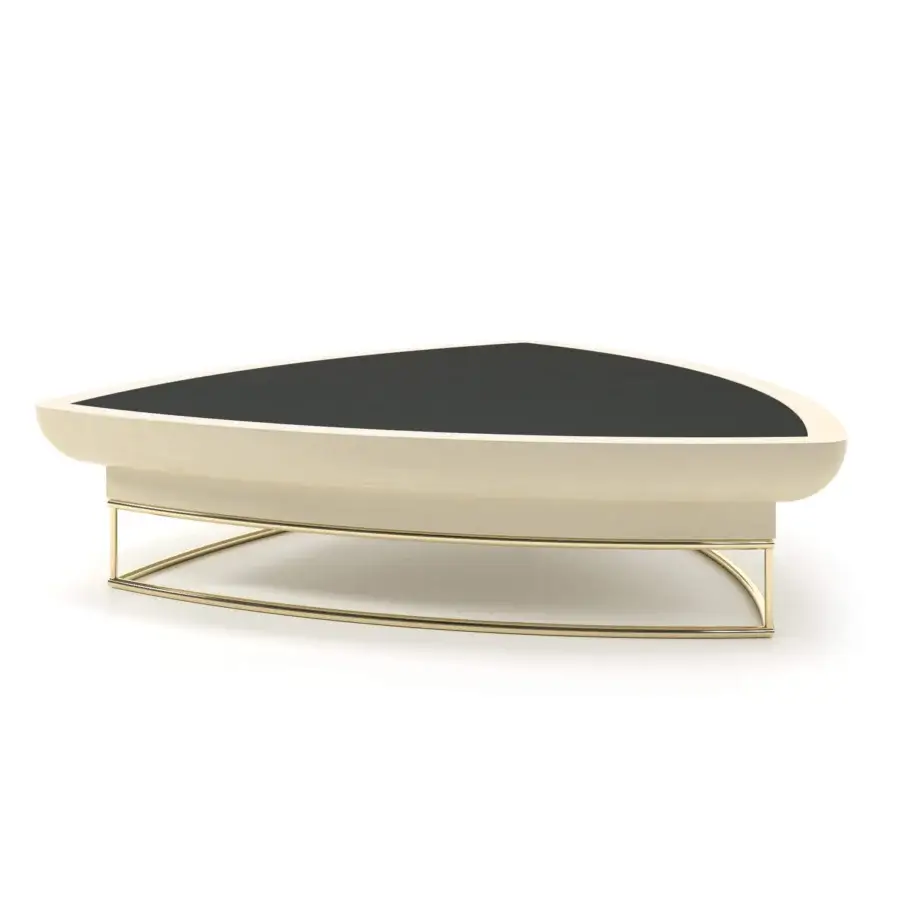Distinguished Turri Madison coffee table with a rounded triangular shape and glossy lacquered top framed by a light surround with leather accents