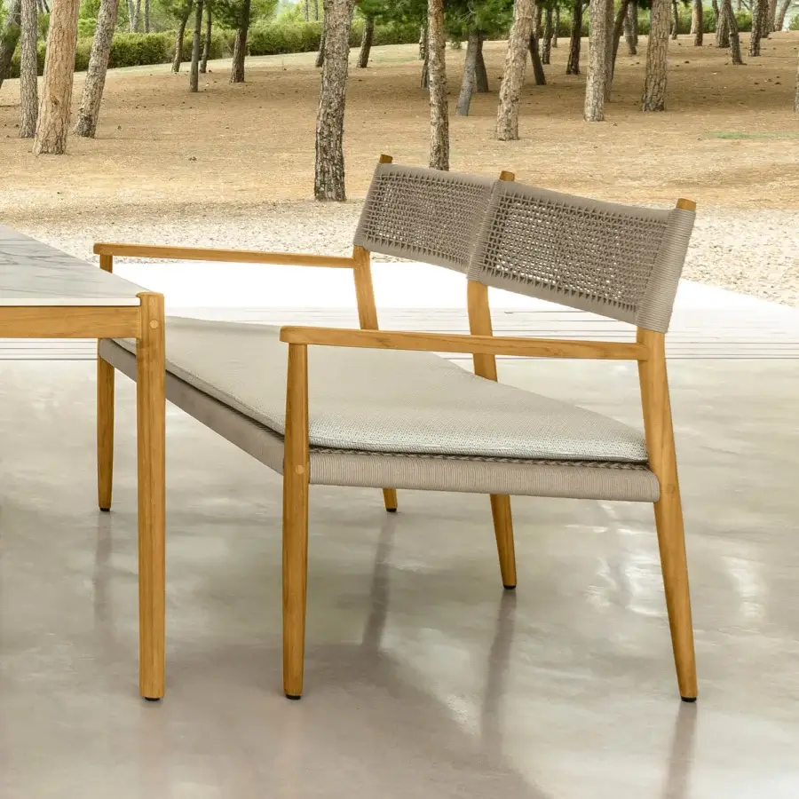 Superior Talenti Dolcevita Wood love seat sofa with light gray cushions and woven rope back in light brown wood