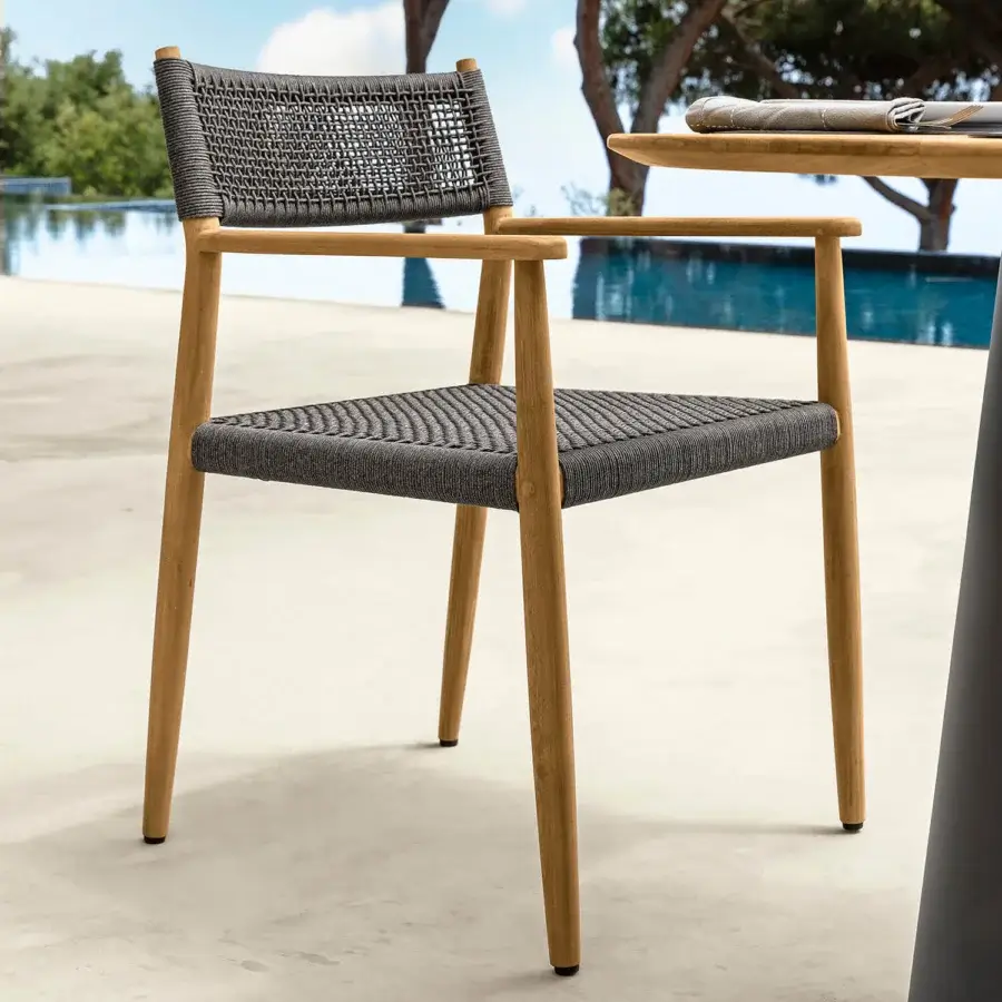 Captivating Talenti Dolcevita Wood armchair with dark gray woven textile and smooth light brown teak wood frame