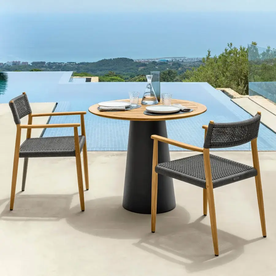 Distinguished Talenti Dolcevita Wood armchair with graceful teak wood and dark gray woven textile construction