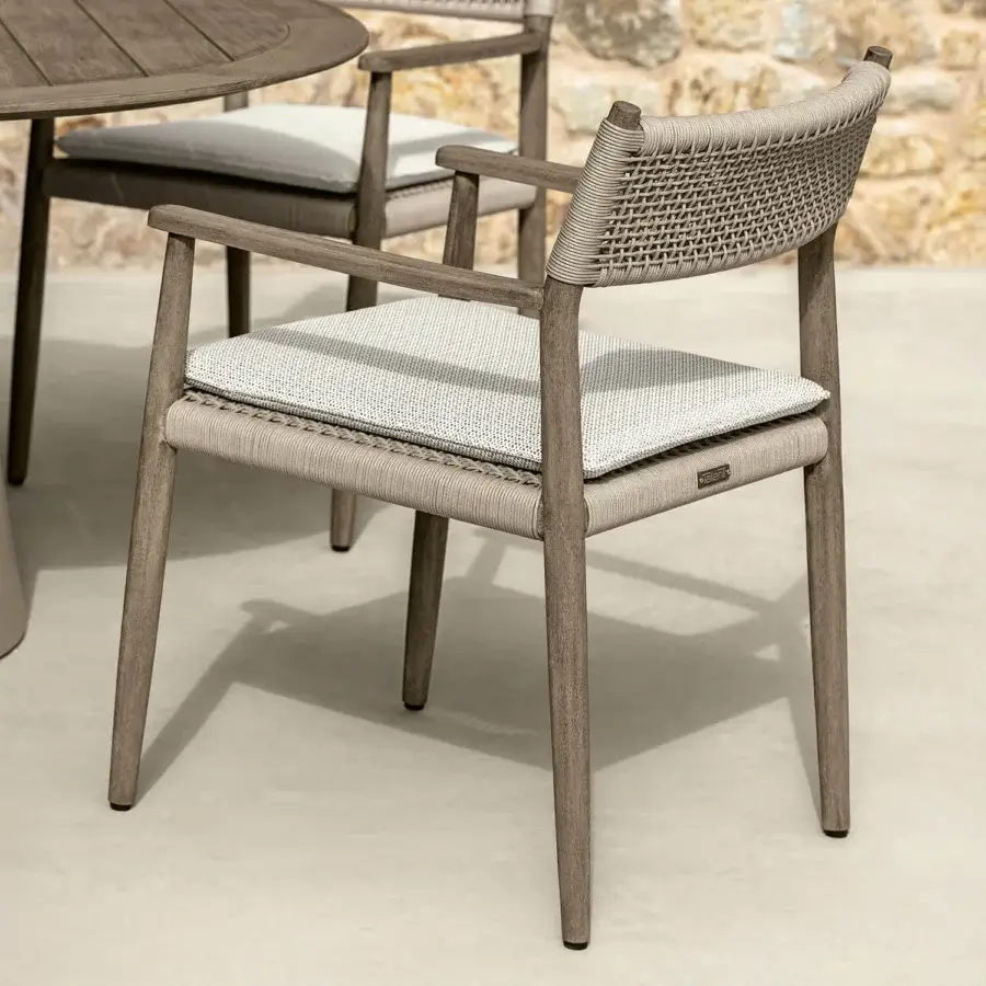 Sophisticated Talenti Dolcevita Wood armchair with woven synthetic ropes and graceful teak wood structure in gray matte finish