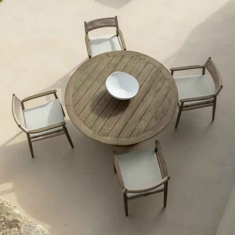 Distinguished Talenti Dolcevita Wood armchair with light gray woven seat and light brown matte teak wood frame
