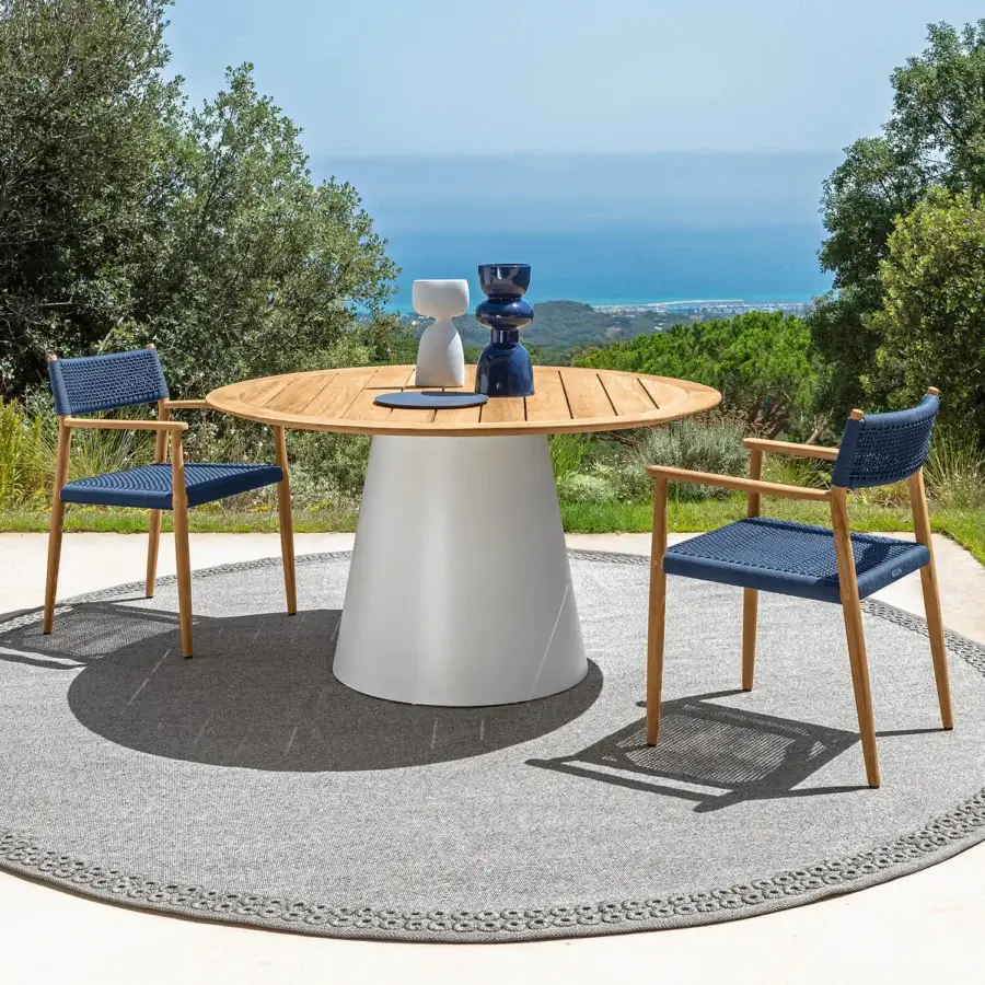 Captivating Talenti Dolcevita Wood armchair with woven blue textile and graceful solid teak wood finish