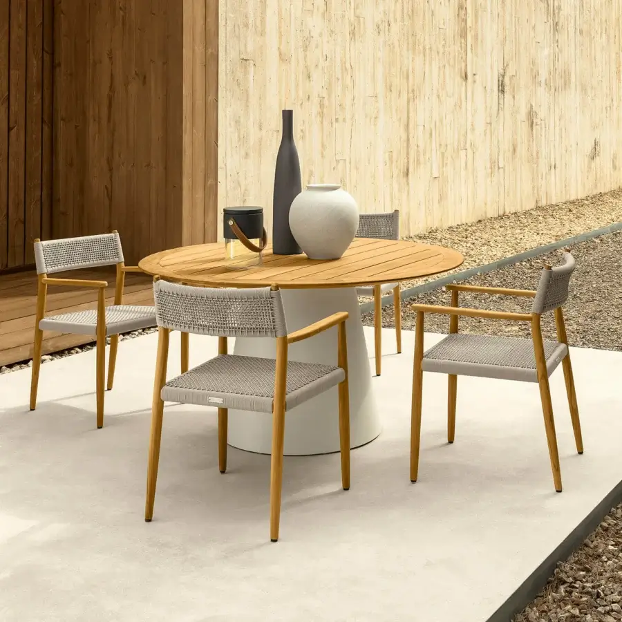 Sophisticated Talenti Dolcevita Wood armchair with light gray woven ropes and smooth matte teak wood structure