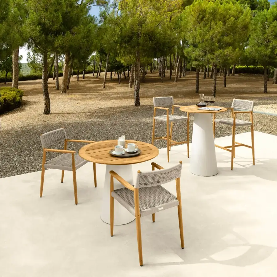 Distinguished Talenti Dolcevita Wood armchair with light brown teak wood and light gray woven seat backrest