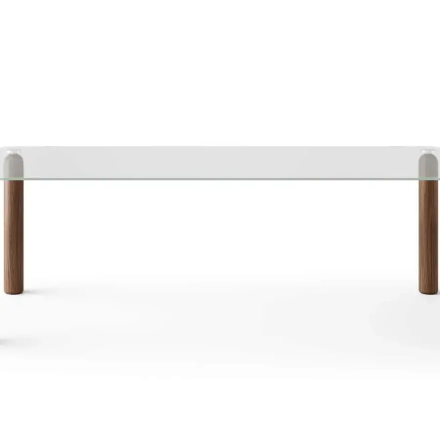 Distinguished Pacini & Cappellini Gio table with transparent tempered glass and a smooth matte wooden base exhibiting cylindrical legs