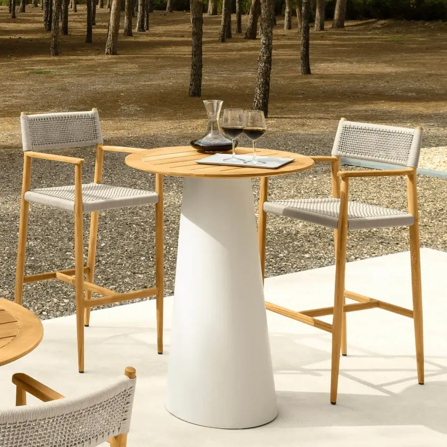 Exceptional Talenti Dolcevita Wood bar stool crafted with teak wood, a woven seat and backrest, plus a smooth light finish