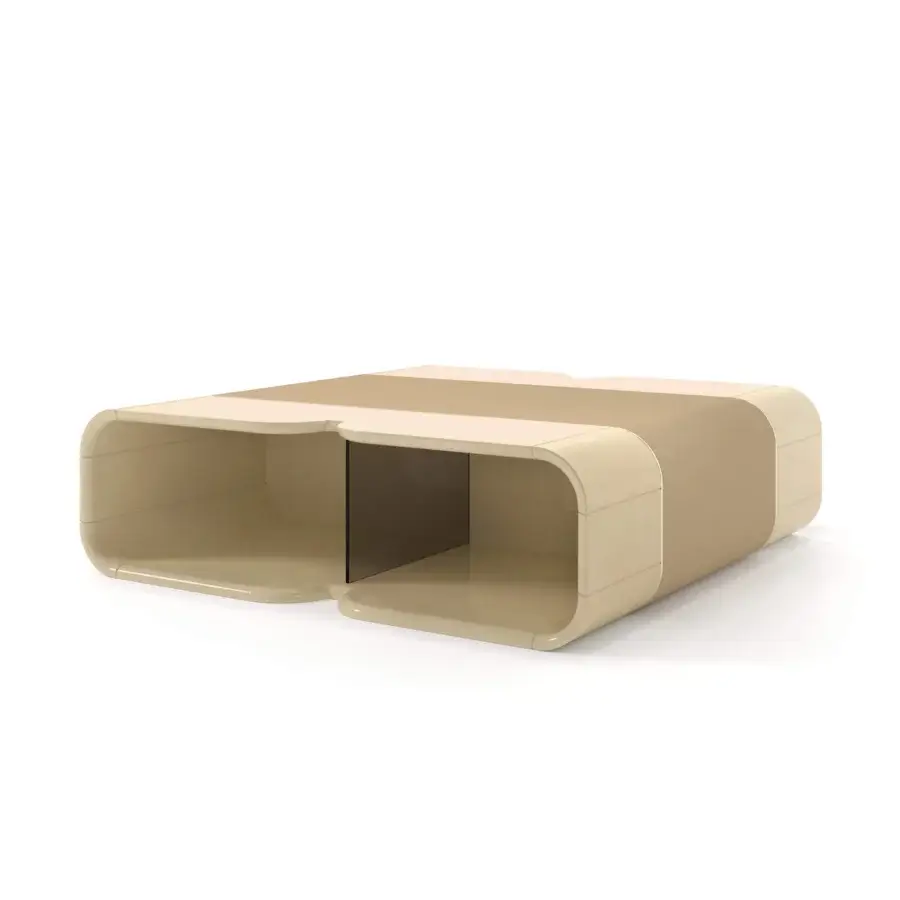Distinguished Turri Madison coffee table with curved wood and light gold metal details in a matte light beige finish with leather accents