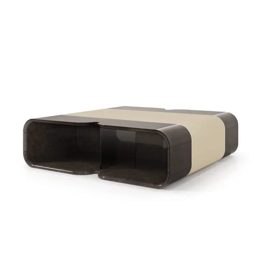 Exceptional Turri Madison coffee table crafted with wood, light gold metal, and light beige leather in a matte finish